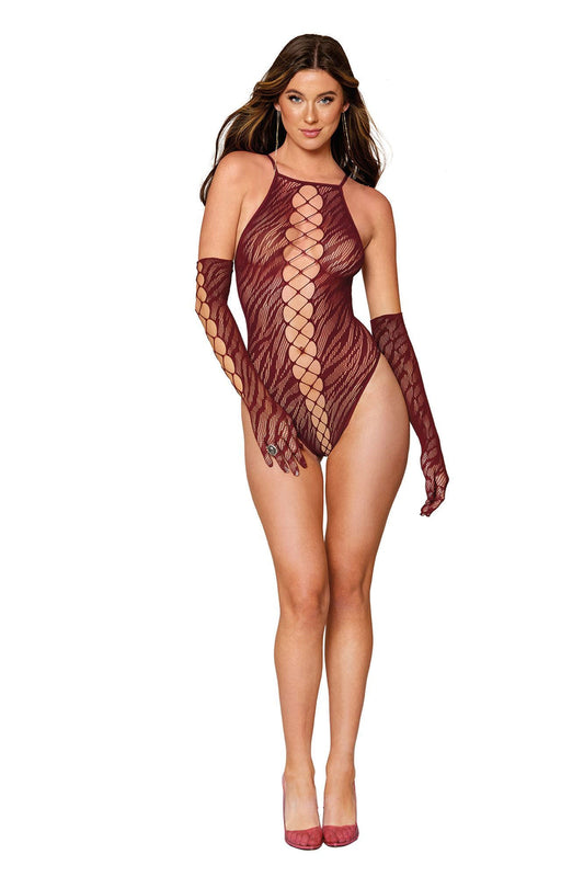 Wild Desire Zebra Fishnet Teddy and Gloves