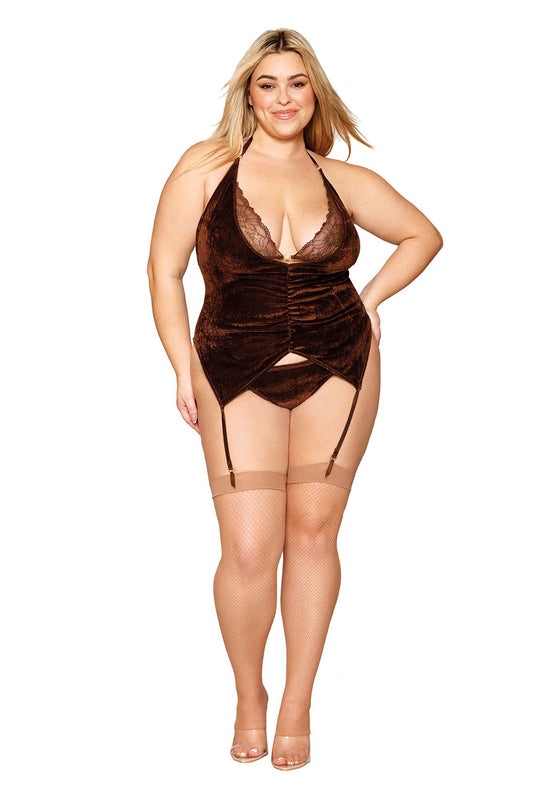 Espresso Temptation: Velvet Garter Slip & G-String