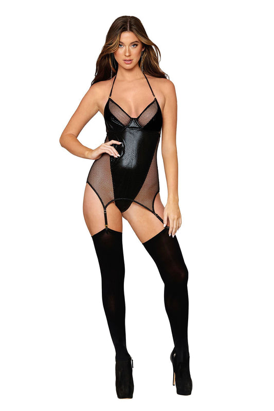 Enticing Embrace: Fishnet Garter Slip Fantasy