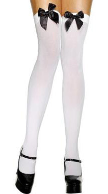 Whispers of Desire: Opaque White Thigh Highs with Black Bows