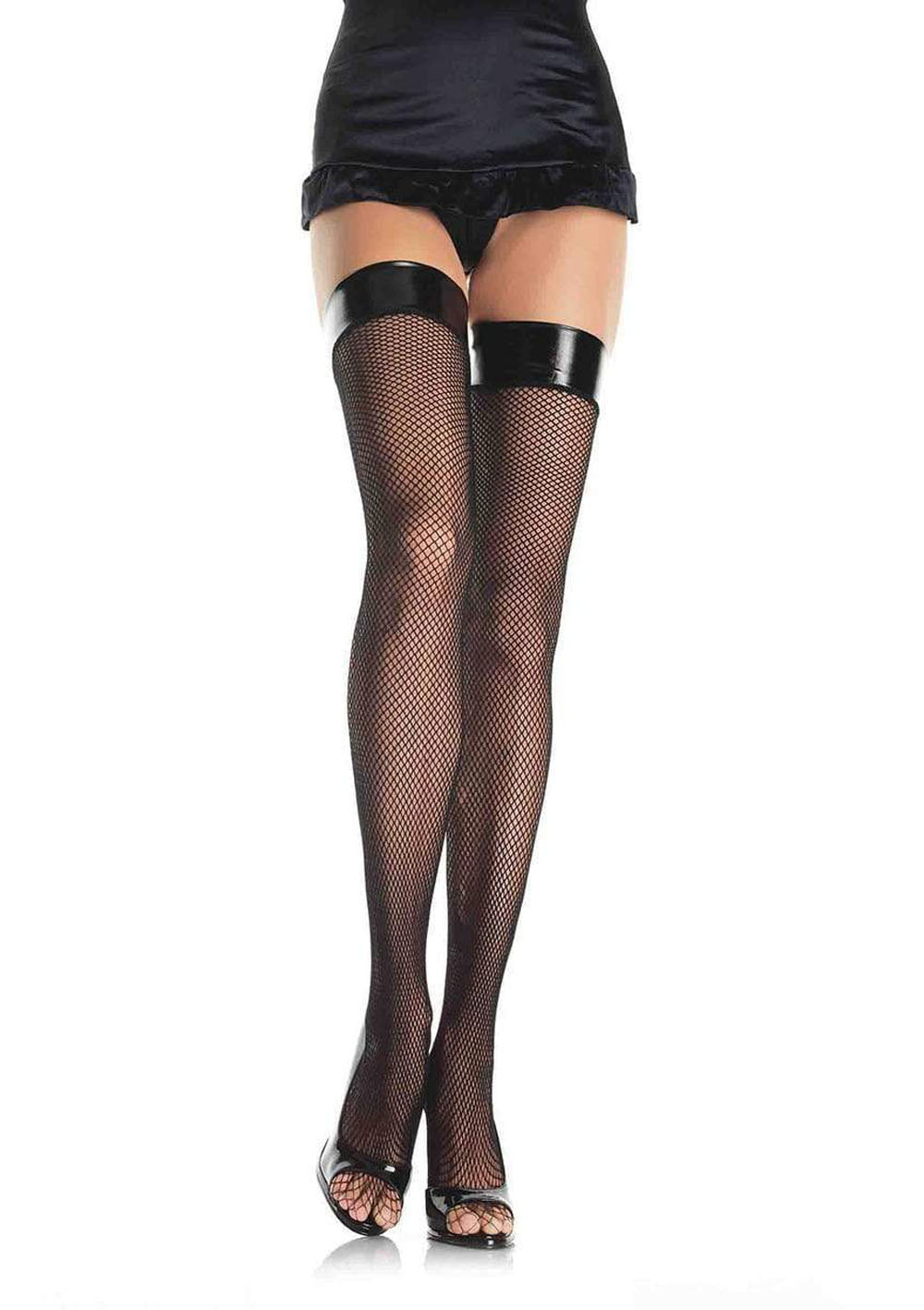 Seductive Embrace: Vinyl-Trimmed Fishnet Temptation