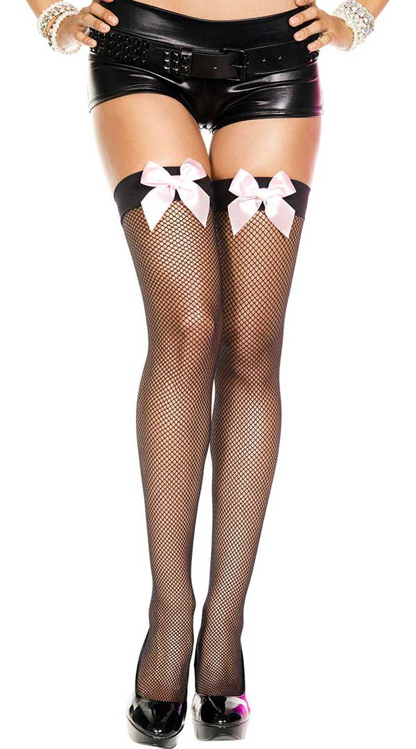 Enticing Satin Bow Fishnet Thighs Await Your Touch