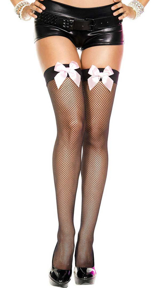 Enticing Satin Bow Fishnet Thighs Await Your Touch