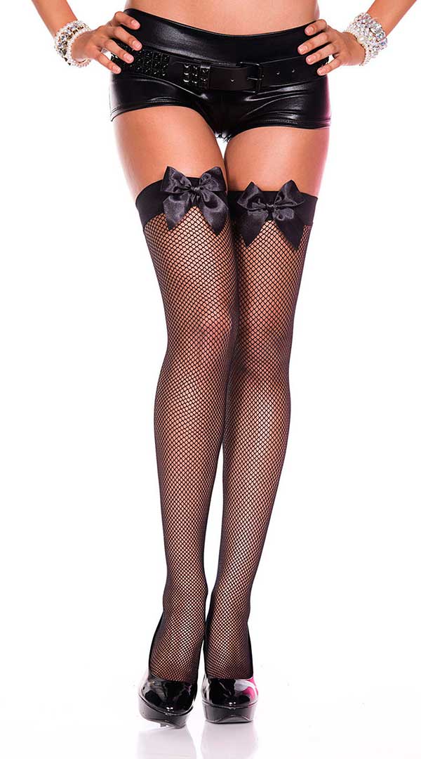 Enticing Satin Bow Fishnet Thighs Await Your Touch