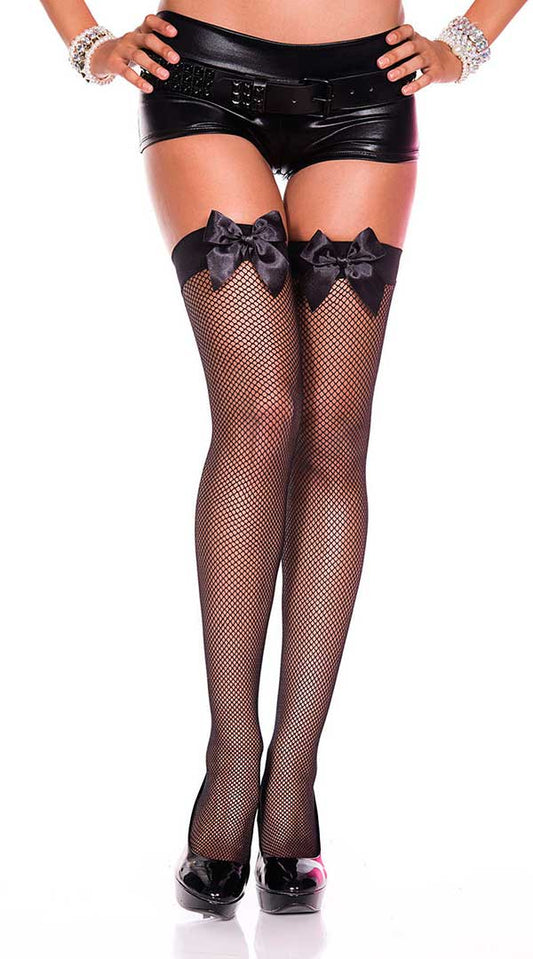 Enticing Satin Bow Fishnet Thighs Await Your Touch
