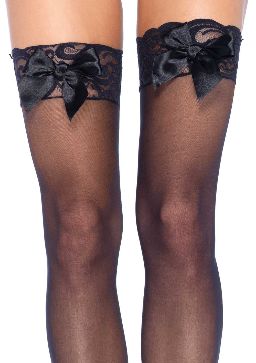 Lace-Embraced Thighs: Satin Bow Temptation