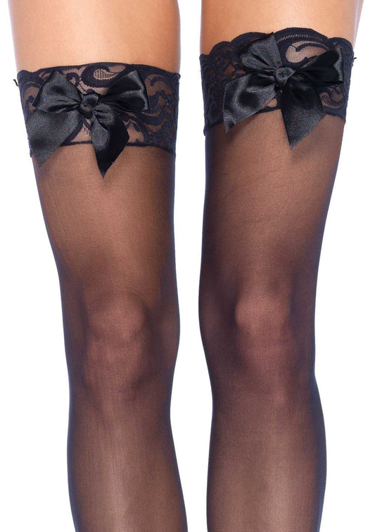 Lace-Embraced Thighs: Satin Bow Temptation