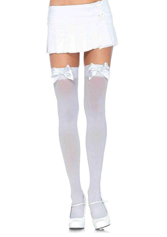 Whispers of Desire: Satin Bow Thigh Highs in White