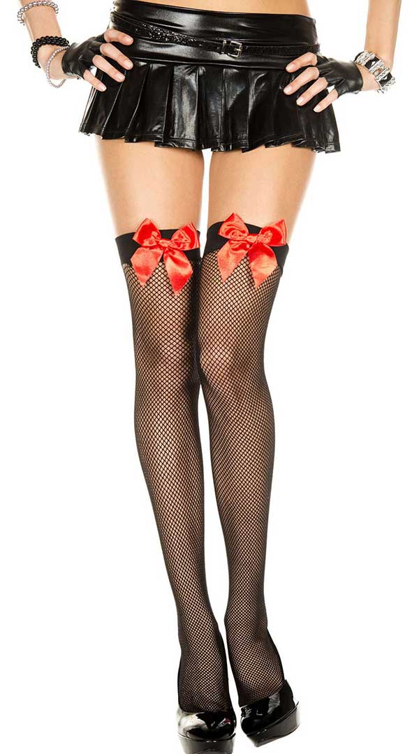 Enticing Satin Bow Fishnet Thighs Await Your Touch