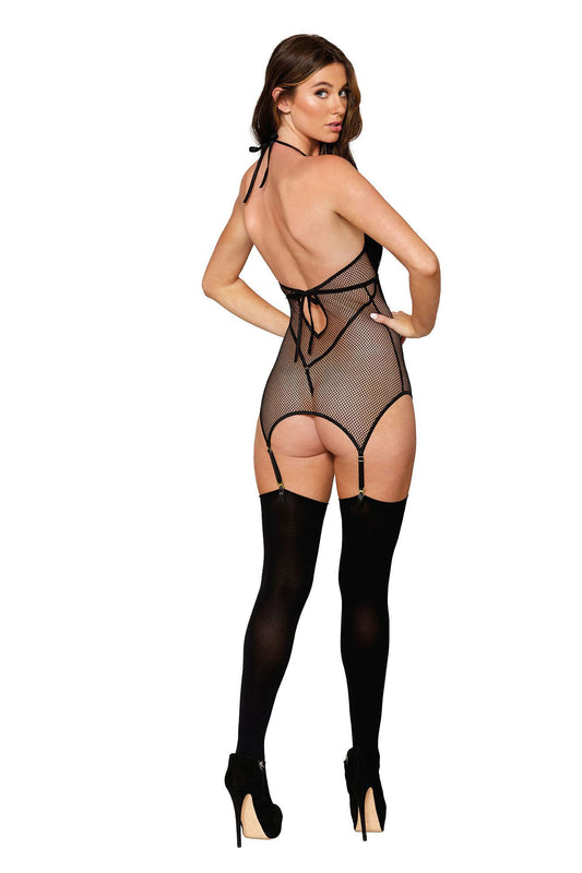 Enticing Embrace: Fishnet Garter Slip Fantasy